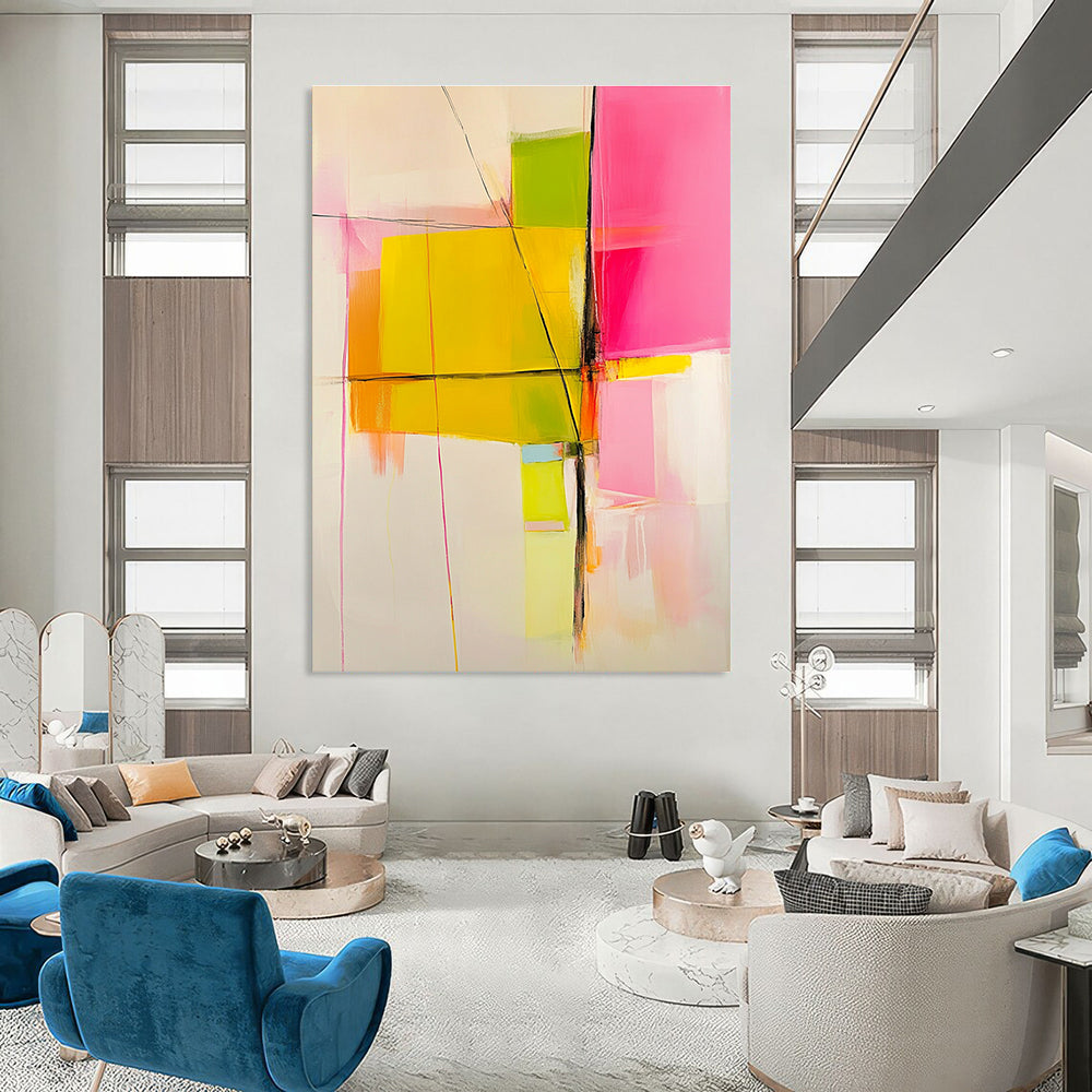 Large abstract painting with pink yellow and green color blocks and lines on a white background featuring warm tones and minimalist brushstrokes.STSC443