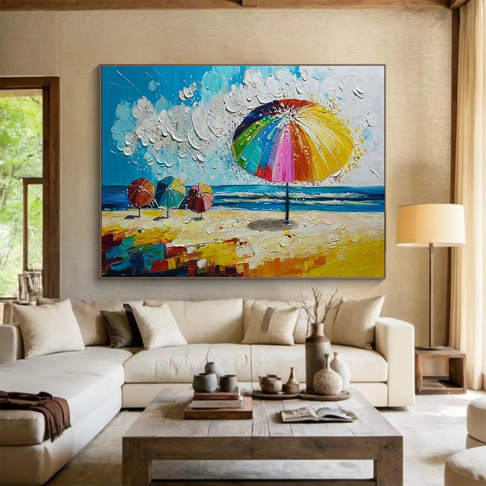 Beach Umbrella Scene Abstract Painting with Bright Coastal Colors THY310