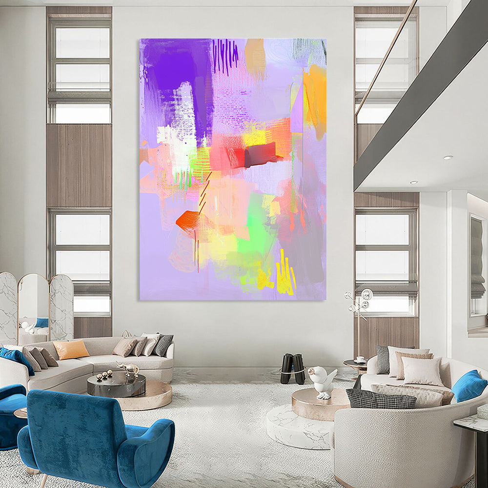 Large abstract painting features light pastel colors and joyful textures, creating an uplifting and aesthetically pleasing atmosphere.STSC545