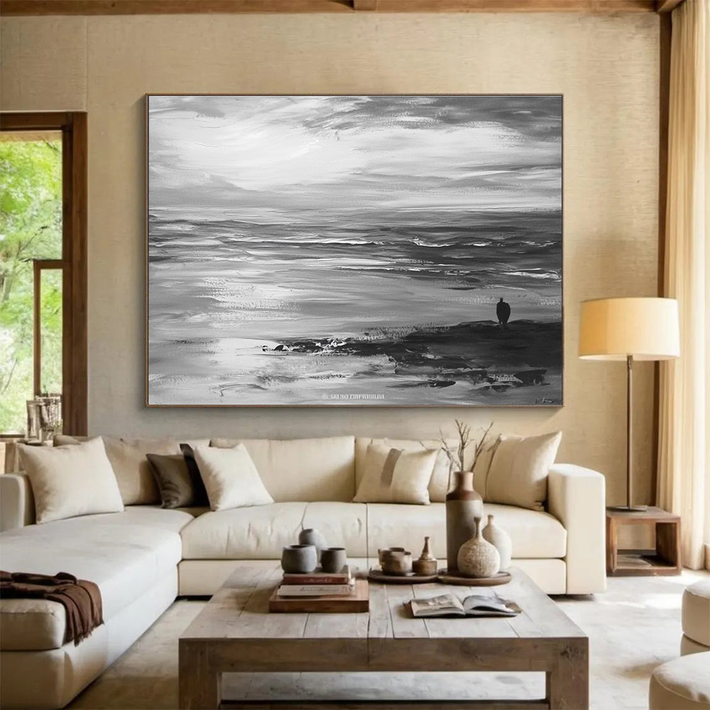 Large abstract painting of the ocean horizon and sky in gray tones with visible brush strokes on canvas.SC015