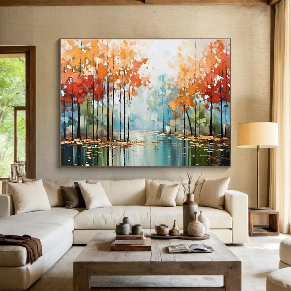 Autumn River Abstract Painting with Red, Orange, and Blue Tones THY164