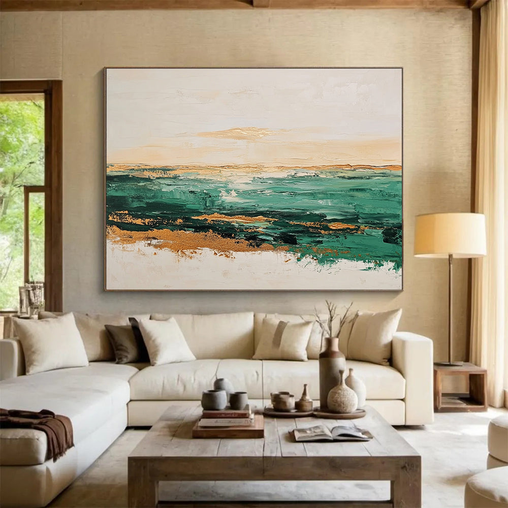 Green and Gold Coastal Abstract Painting with Textured Seascape DYP240
