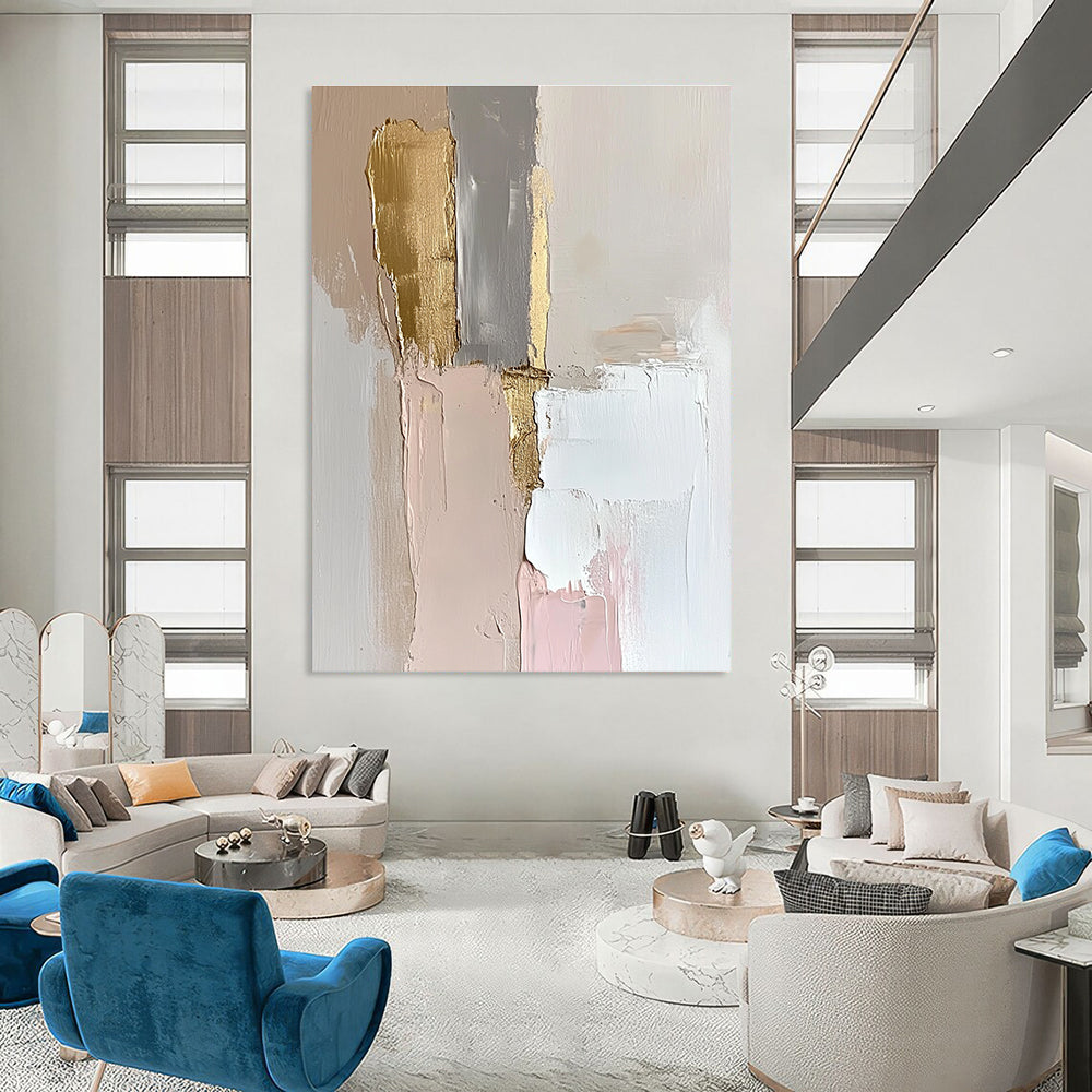 Large abstract oil painting featuring an elegant wall in white and gold with thick strokes and pastel tones enhanced by gold leaf accents.STSC147