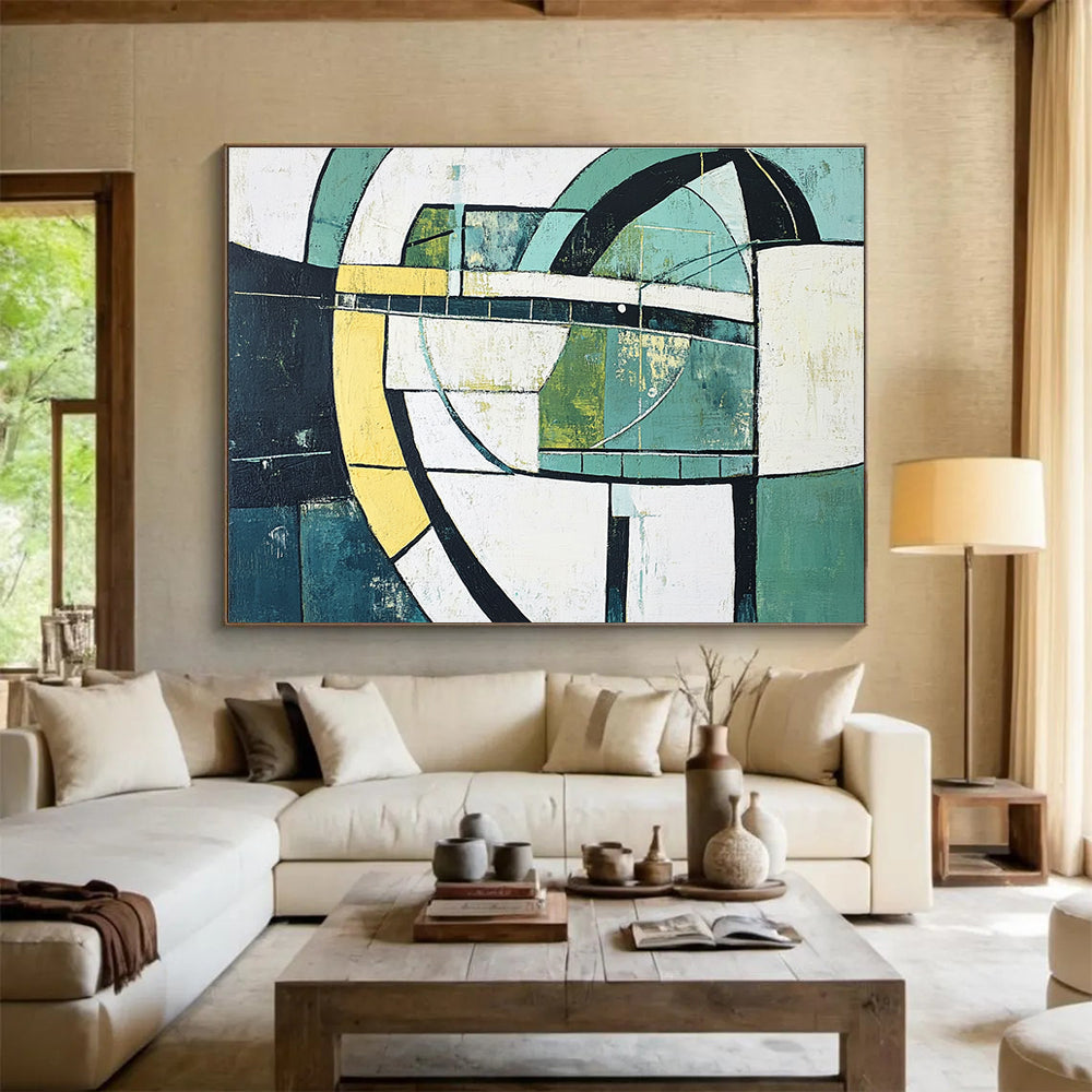 Geometric Green Abstract Painting with Circular and Rectangular Forms DYP411