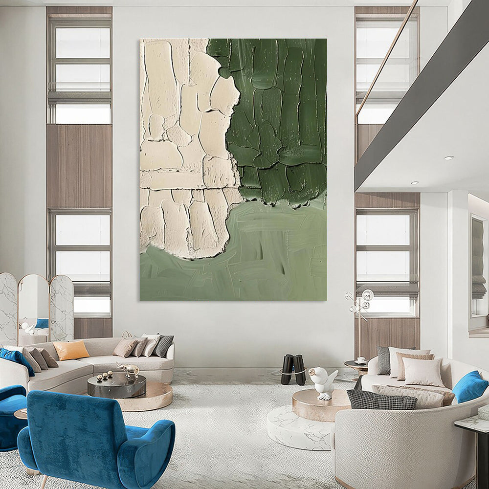 Beige and Green Textured Abstract Painting with Thick Brushstrokes ADGE501