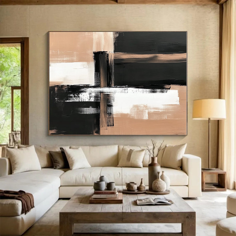 Black Beige Minimalist Strokes Abstract Painting GER861