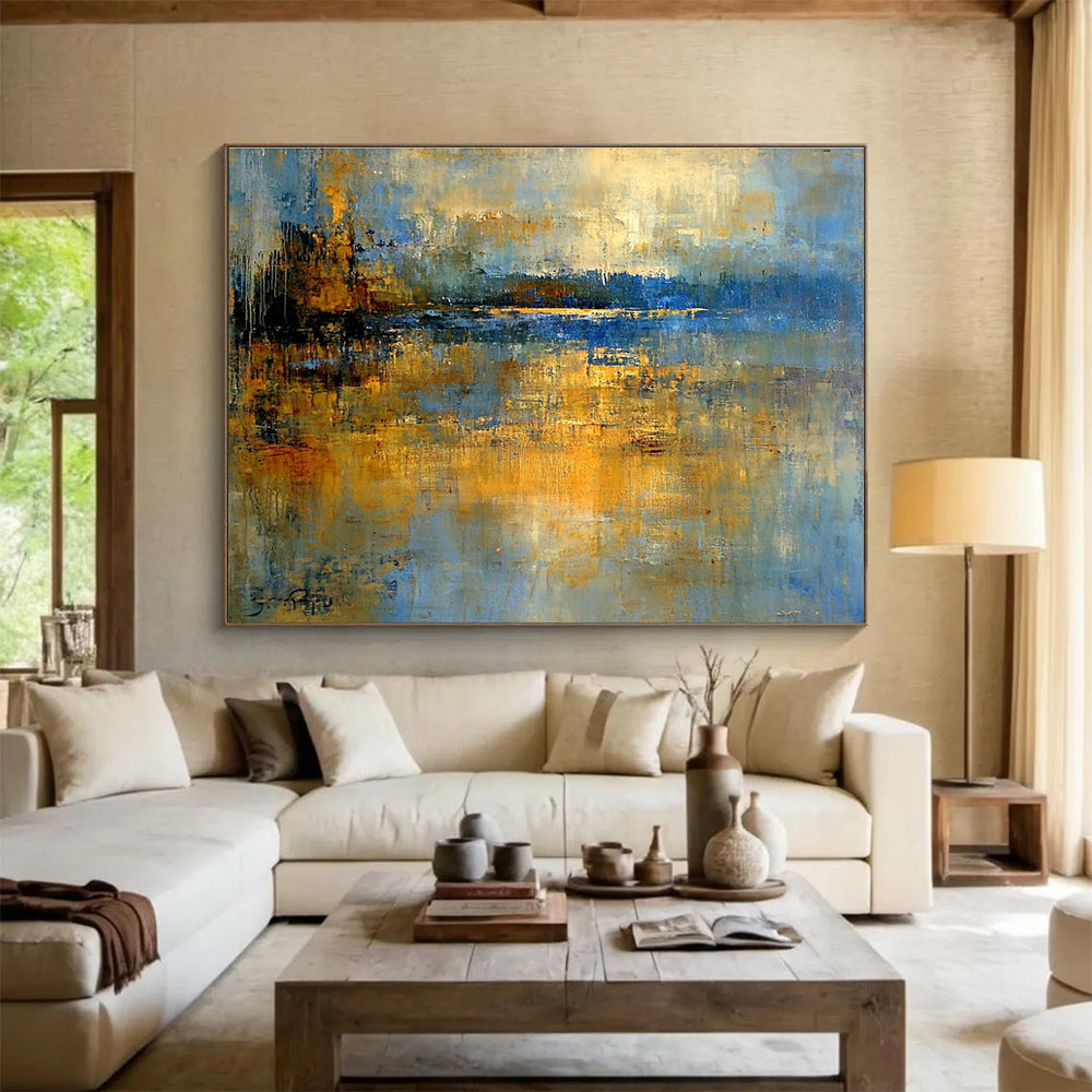 Abstract Lake Landscape Painting with Blue and Gold Tones DYP519