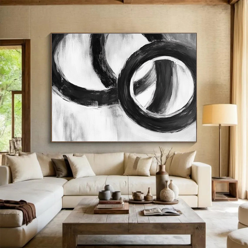 Large abstract painting featuring intertwined rings with simple shapes soft edges and fluid lines on a neutral background.SC013