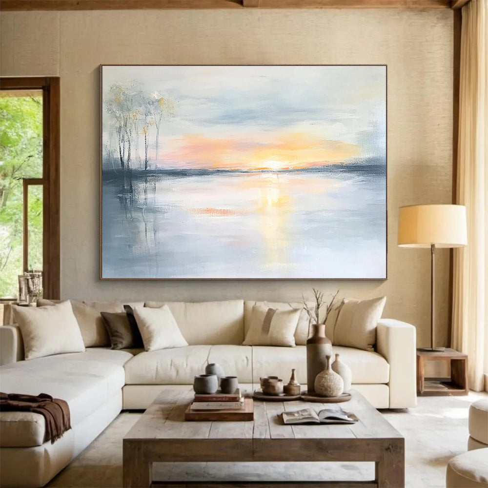Soft Sunset Lake Abstract Painting with Pastel Hues and Reflections DYP242