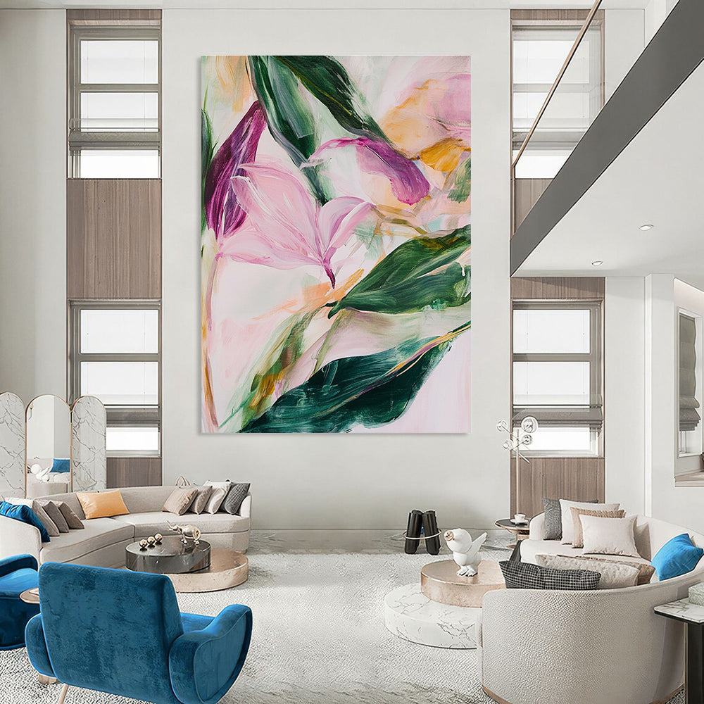 Large abstract painting featuring soft pink and green leaves and flowers with thick brush strokes and a loose style.STSC315