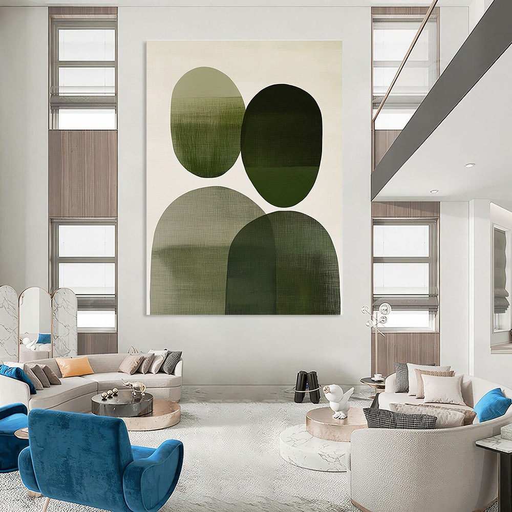 Large abstract painting with overlapping green and gray circles on off-white evoking connection and tranquility, ideal for home decor.STSC1083