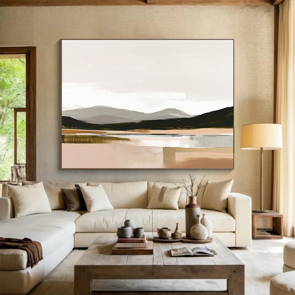 Large abstract painting in muted colors and neutral tones with thick brush strokes inspired by the Scottish Highlands on a beige background.SC081