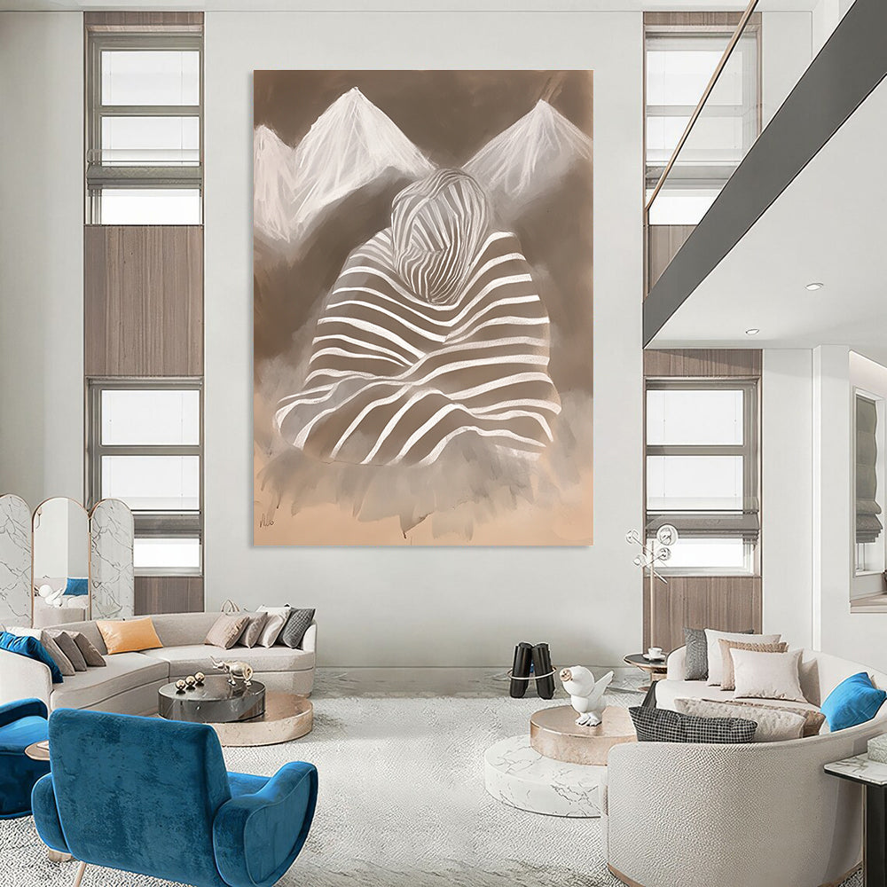 Abstract chalk drawing featuring zebra print with mountains and a woman's silhouette wrapped in a striped blanket in soft atmospheric tones.STSC1474