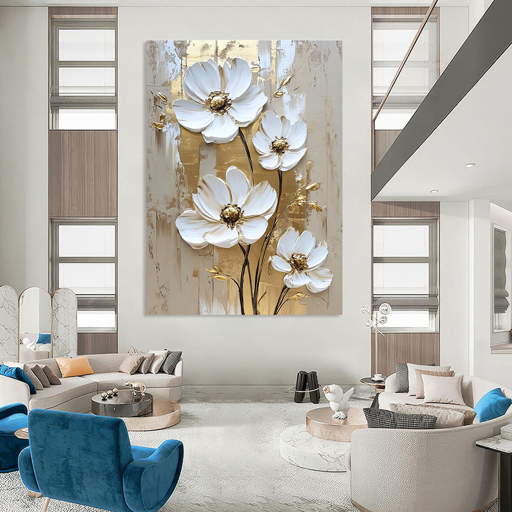 Abstract white daisy flowers with gold accents on a textured background create a stunning wall art painting that elevates any space.STSC510