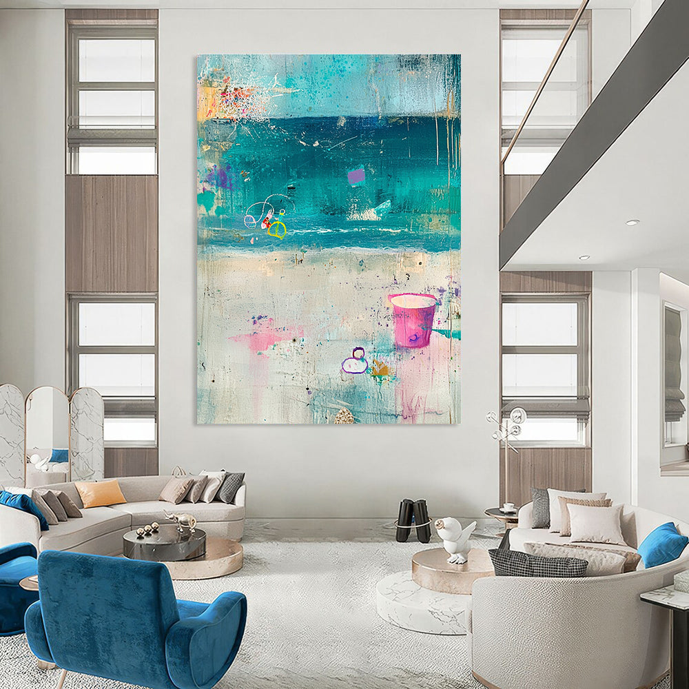 Large abstract painting featuring a pastel beach scene with elements of the sea sand and sky in soft tones set against a textured gray background.STSC1101