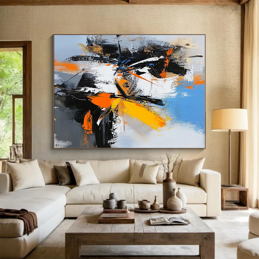 Black White Orange Abstract Painting with High Contrast GER408
