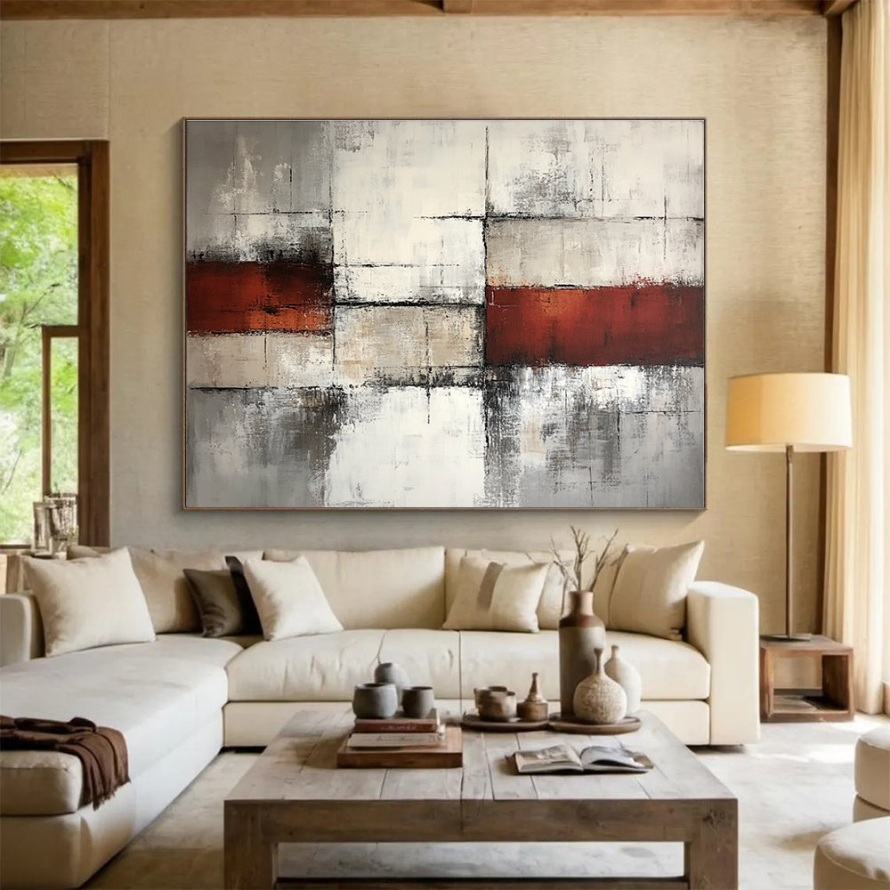 Gray Red and White Abstract Grid Painting with Distressed Textures DYP589