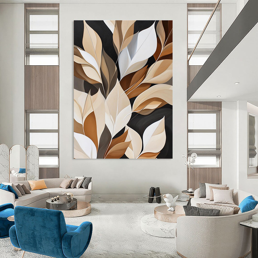 Abstract painting featuring white leaves on a rich brown and black background with geometric shapes for luxurious wall hanging.STSC367