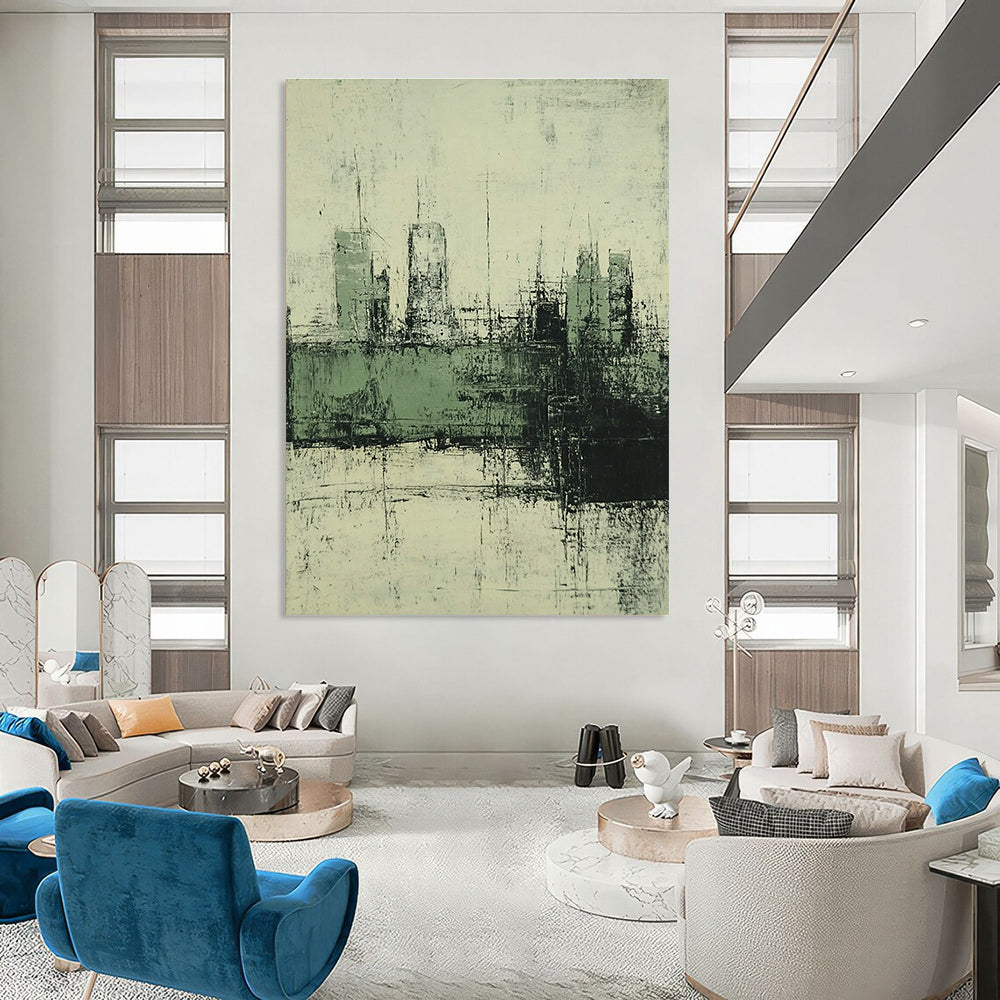 Large abstract painting of the city in muted green and grey tones with a distressed vintage oil paint texture and faded background.STSC339