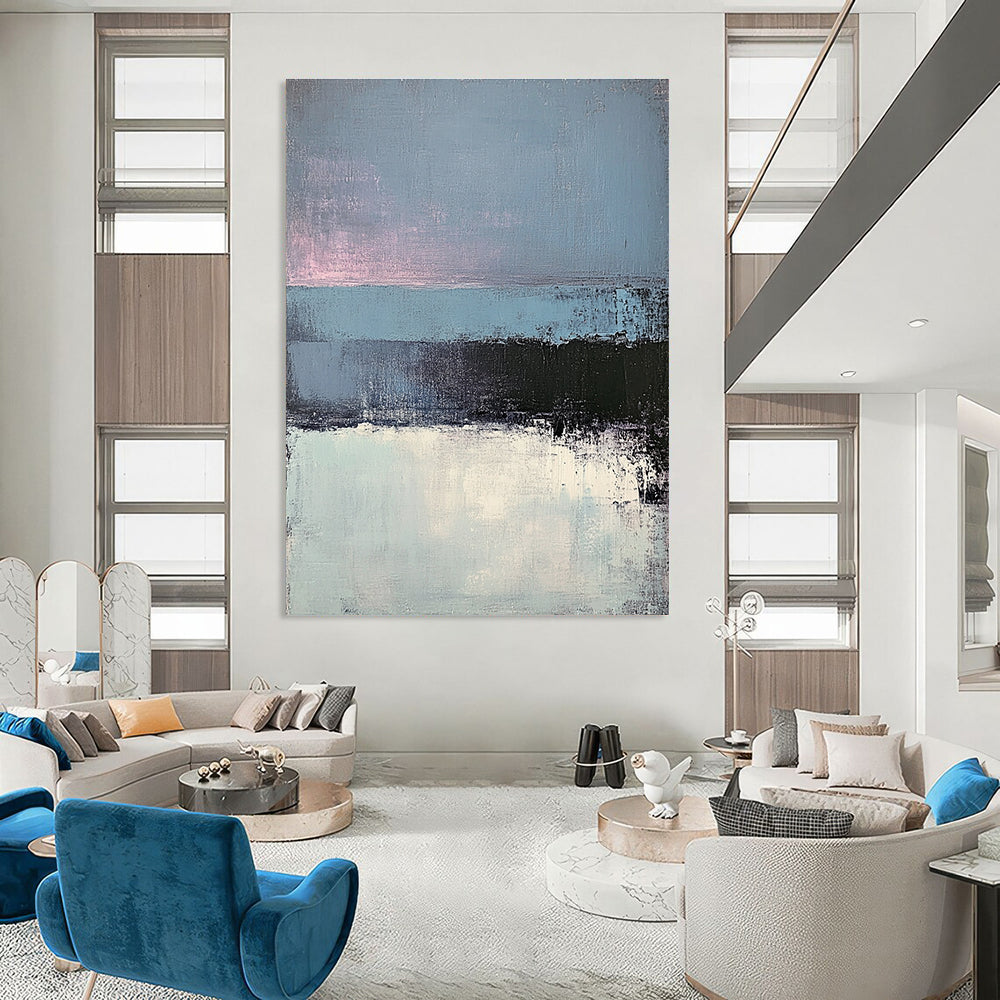 Large abstract painting of layered gray-blue sea and dark blue pink sky showcasing minimalist design with exquisite brushwork and light effects.STSC347