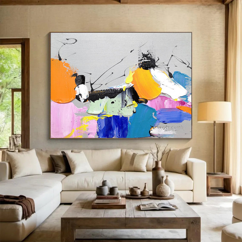 Playful Color Block Abstract Painting with Bright Hues and Black Accents THY269