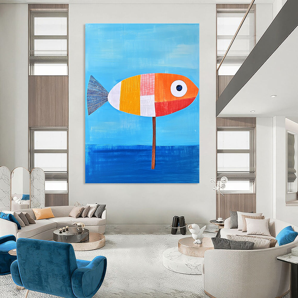 An abstract painting of a fish on blue water featuring an orange and white color scheme with simple details and a tranquil vibe.STSC996