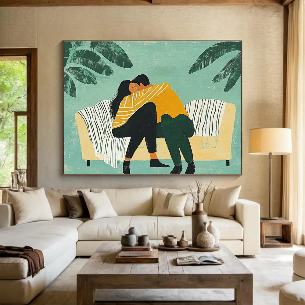 An abstract illustration of a couple embracing on a couch under a striped blanket surrounded by minimalistic plants in bold colors.SC400