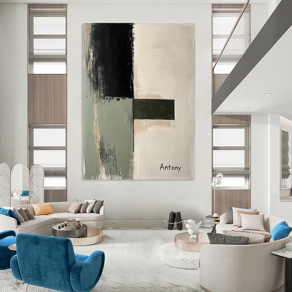 Large abstract painting featuring a light gray sage green and black palette with minimalist landscape shapes and the inscription Antony.STSC730