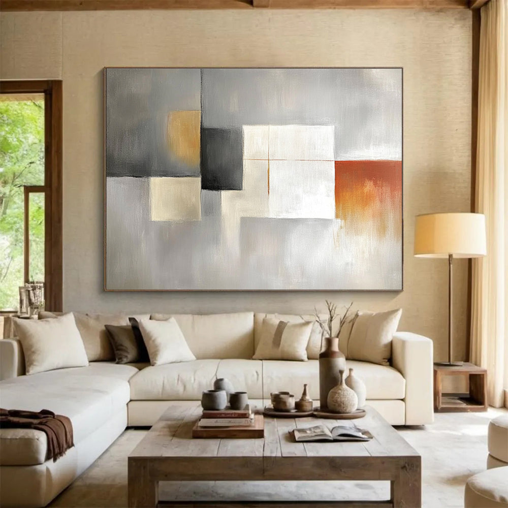 Large abstract painting in light gray, white, and amber featuring simple shapes in a minimalistic modern art style.SC378