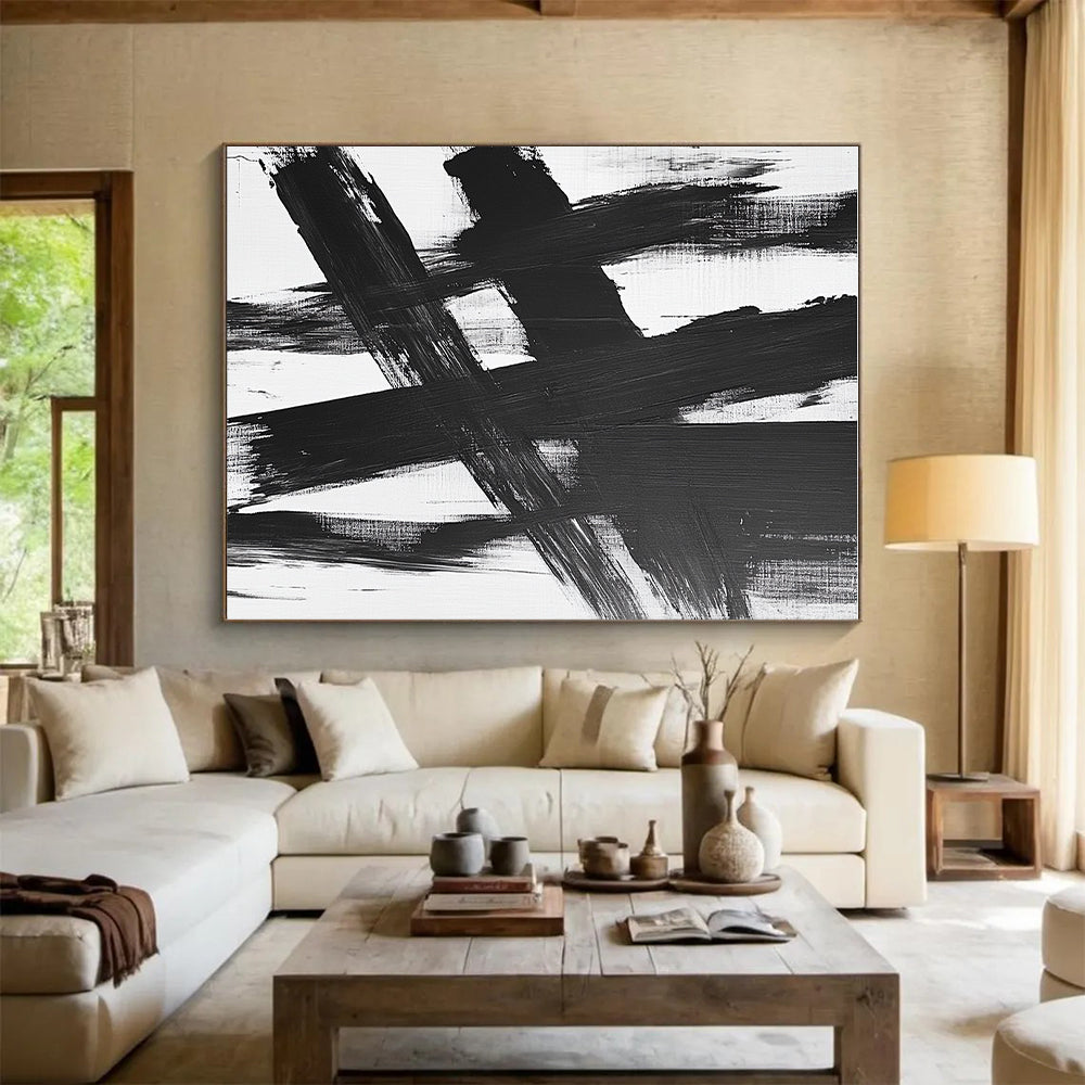 Black White Crossed Strokes Abstract Painting GER826