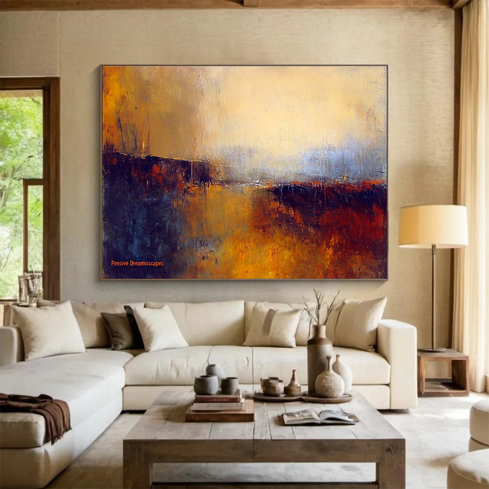 Large abstract painting titled Pensive Dreamscapes featuring blurred landscapes in dark brown and light orange with impressionistic aquarelle style.SC338