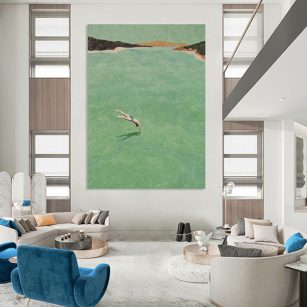 Figure Diving into Green Water Abstract Painting ADGE304
