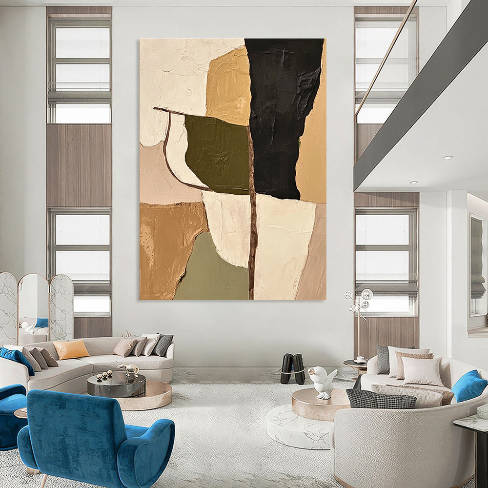 Large abstract painting featuring olive green beige and black shapes with thick impasto strokes that adds depth and texture to any space.STSC696