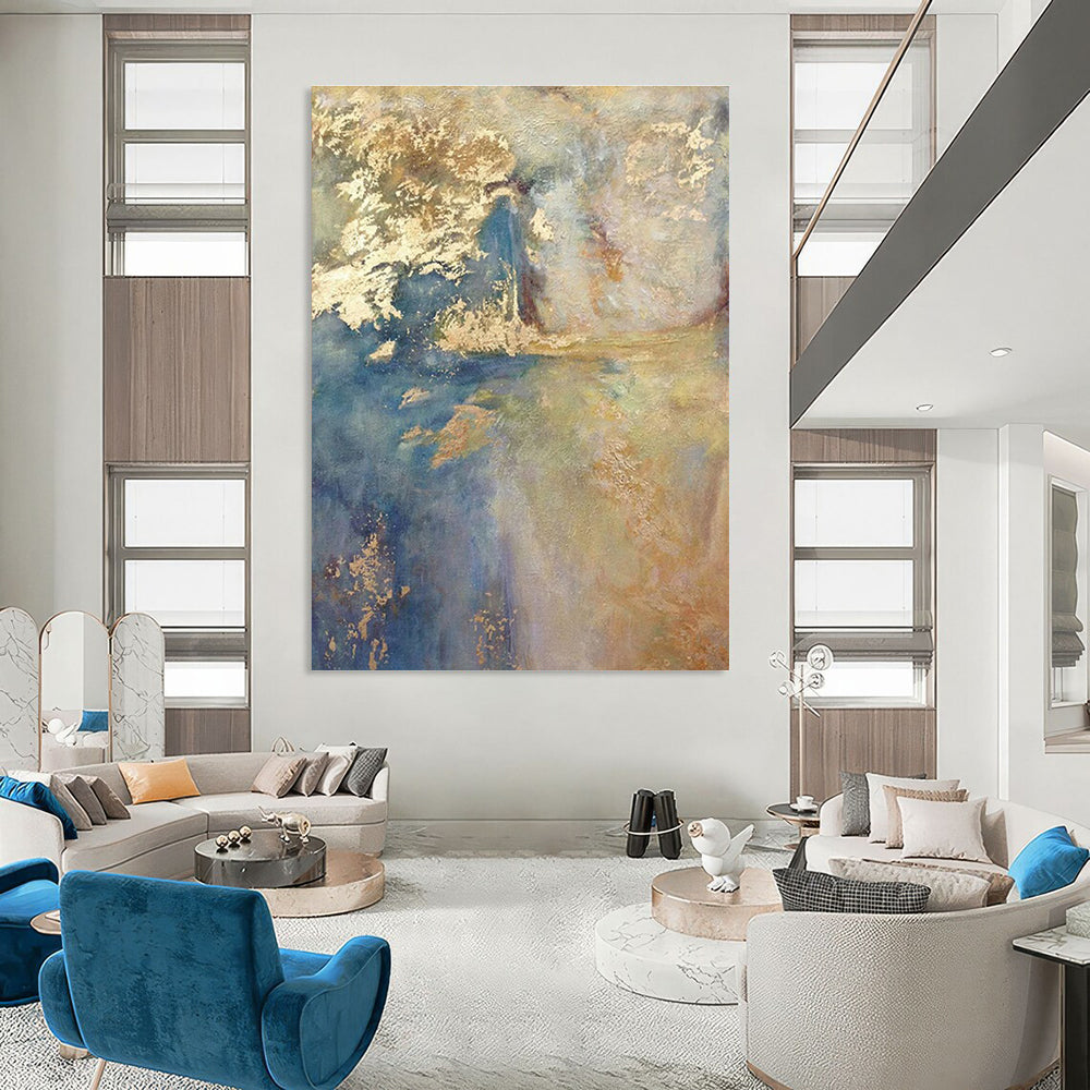 Blue and Gold Abstract Painting with Dreamy Layers ADGE518