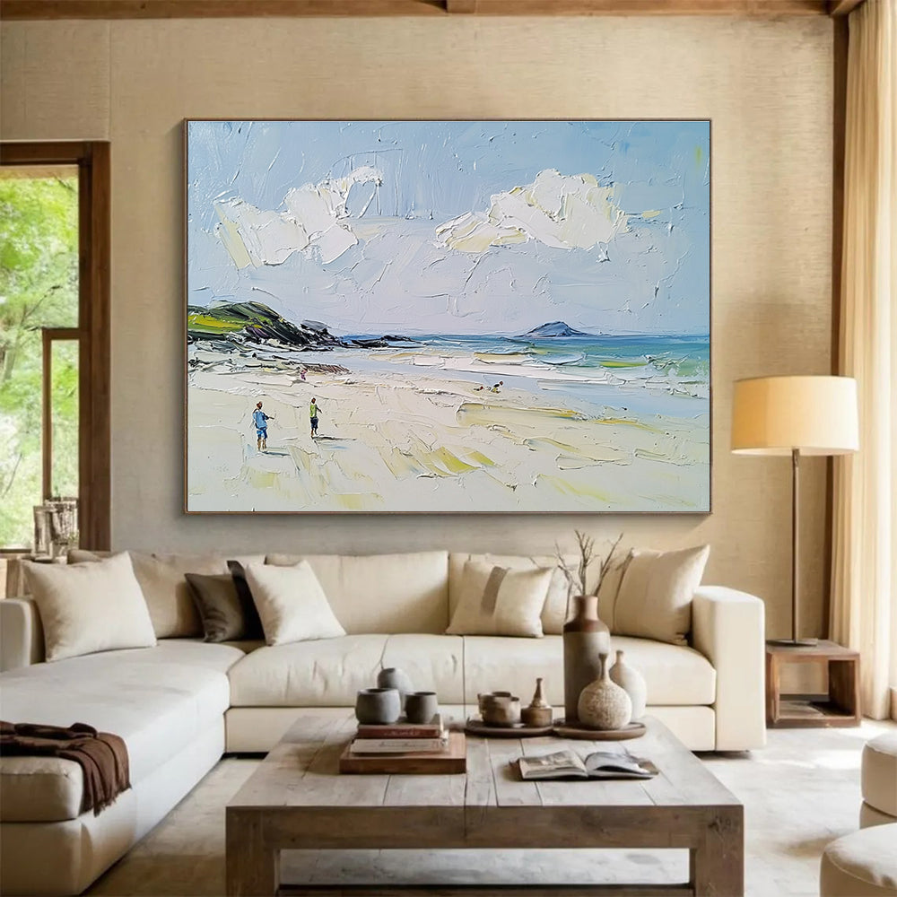 Beach Scene with Figures Textured Abstract Painting with Light Blues DYP596