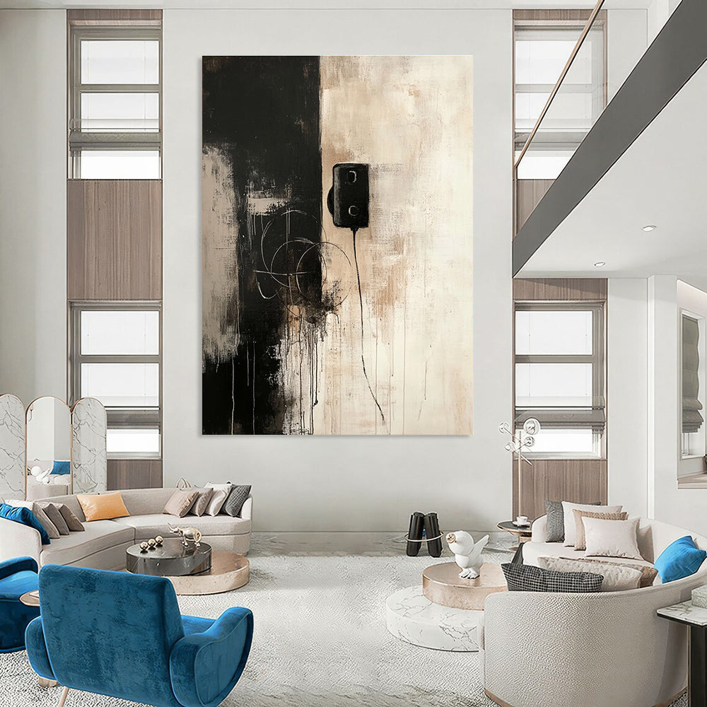Abstract painting featuring a dark gray and beige color scheme with an old telephone and connecting wires evoking solitude and contemplation.STSC727