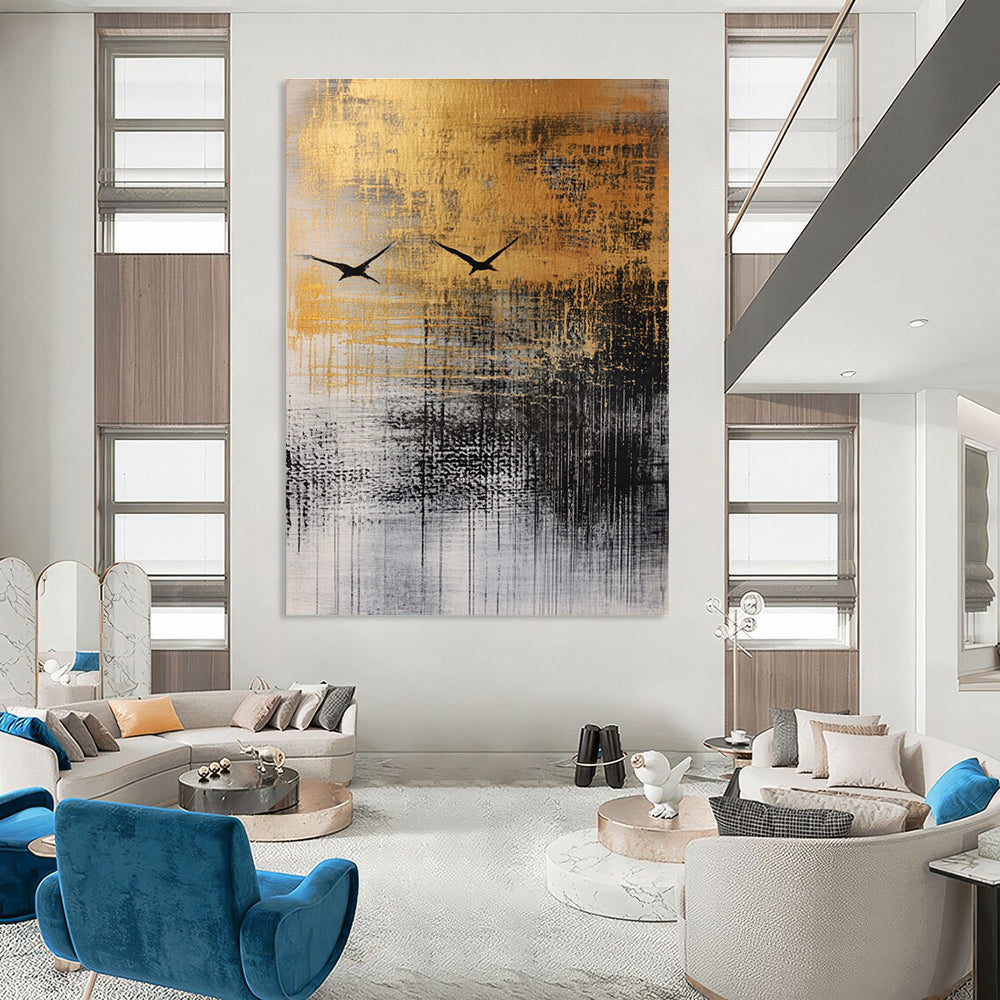 Large abstract painting featuring fluid ink wash techniques, textured materials, and a black bird in flight against a neutral autumnal background.STSC047