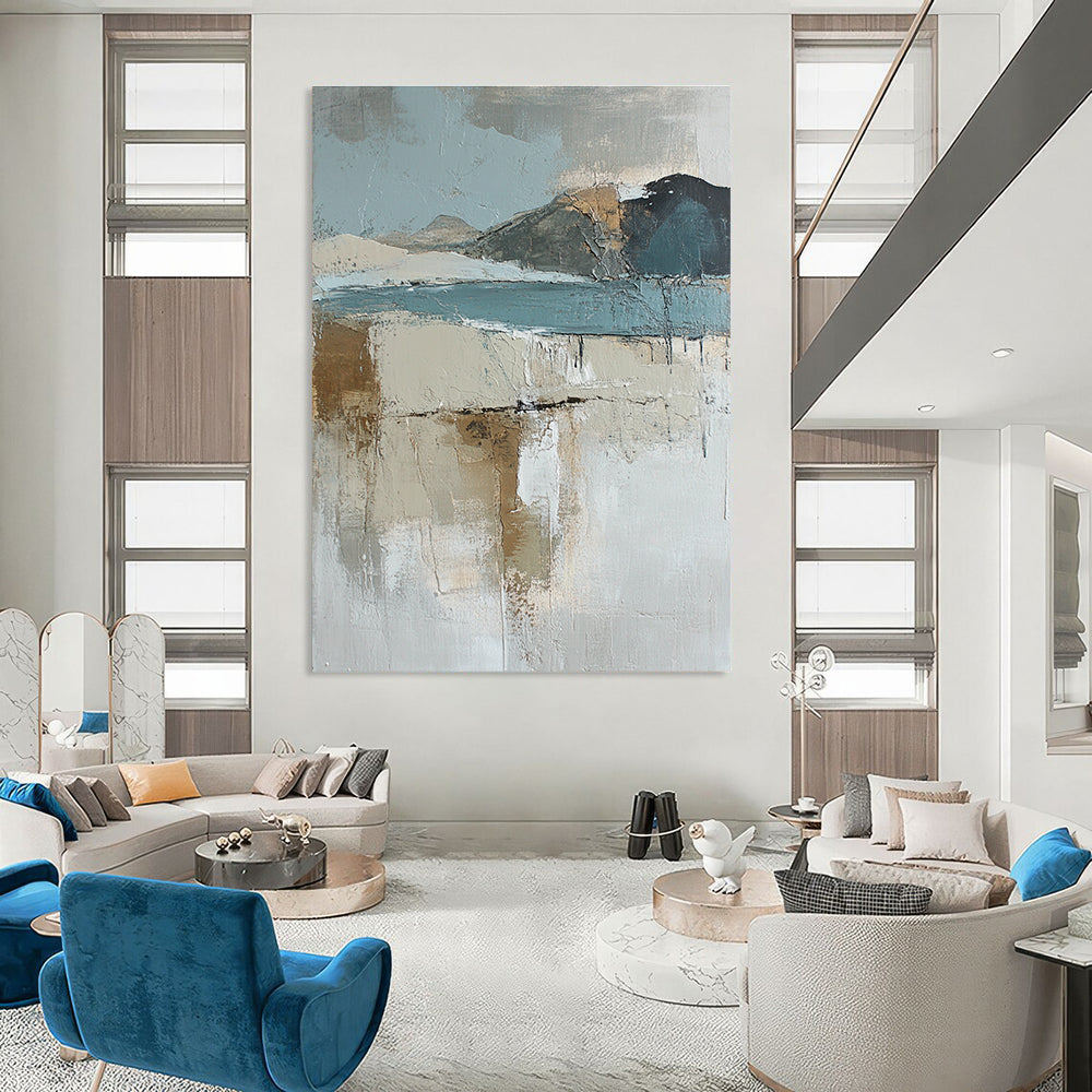 Large abstract oil painting of an Arctic landscape featuring muted earth tones and blue hues enhanced by textured brush strokes.STSC145