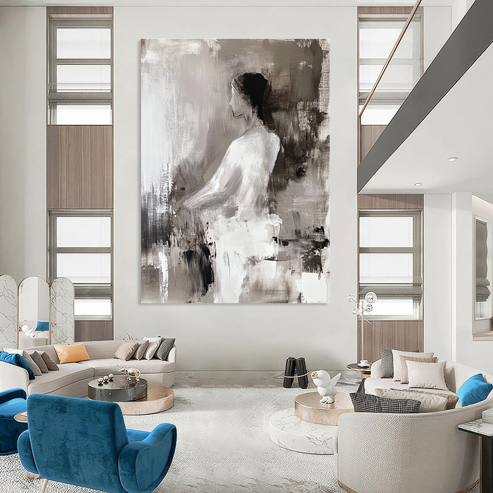 Large abstract painting of a woman in white featuring deconstructed tailoring and fluid simplicity with atmospheric perspective in light gray and dark brown.STSC673