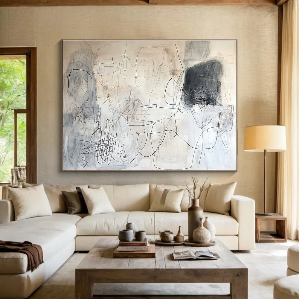 An abstract painting in white and gray tones, featuring dynamic lines and layered text, conveys a sense of movement and depth.SC390