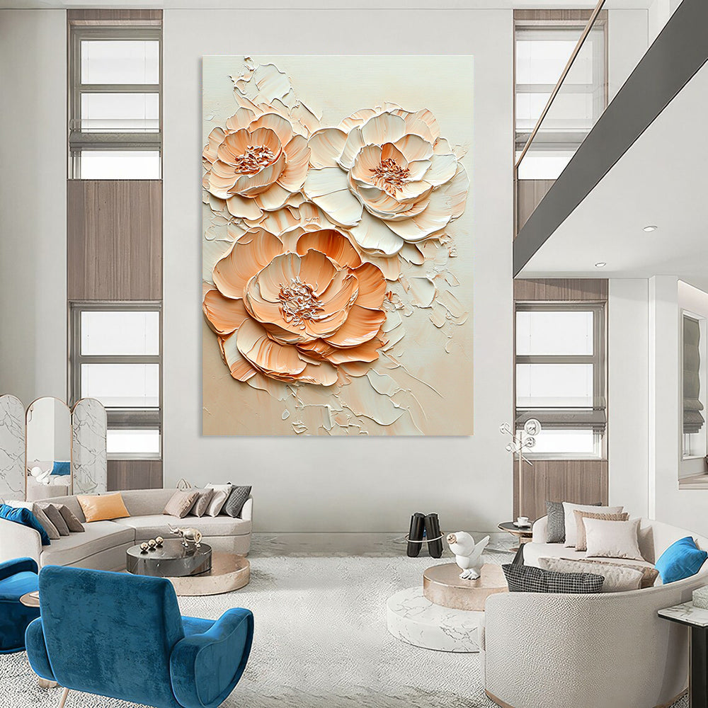 A Large Abstract Painting Featuring Peach and Cream-Colored Flowers in Embossed Oil Texture Ultra-High Resolution Artistic Detail.STSC453