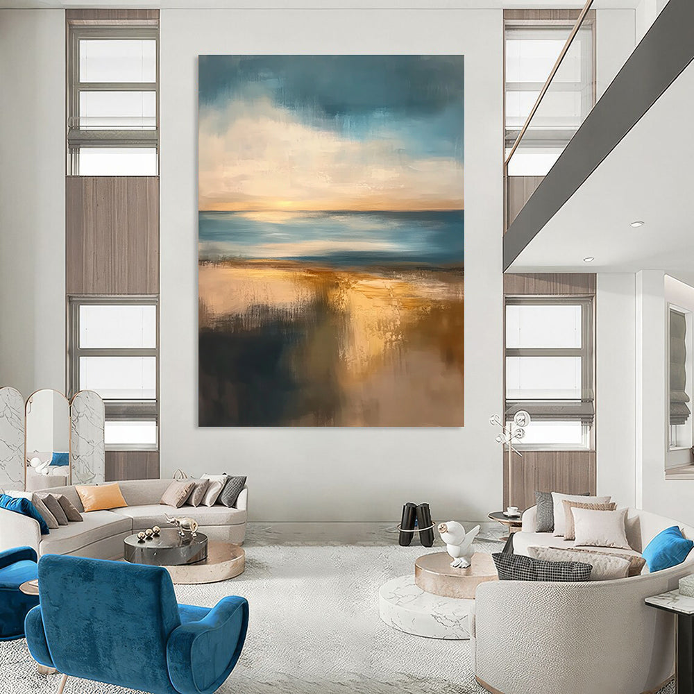 Large abstract painting featuring muted colors at golden hour with soft edges and tranquil sea reflections creating a serene atmosphere.STSC076