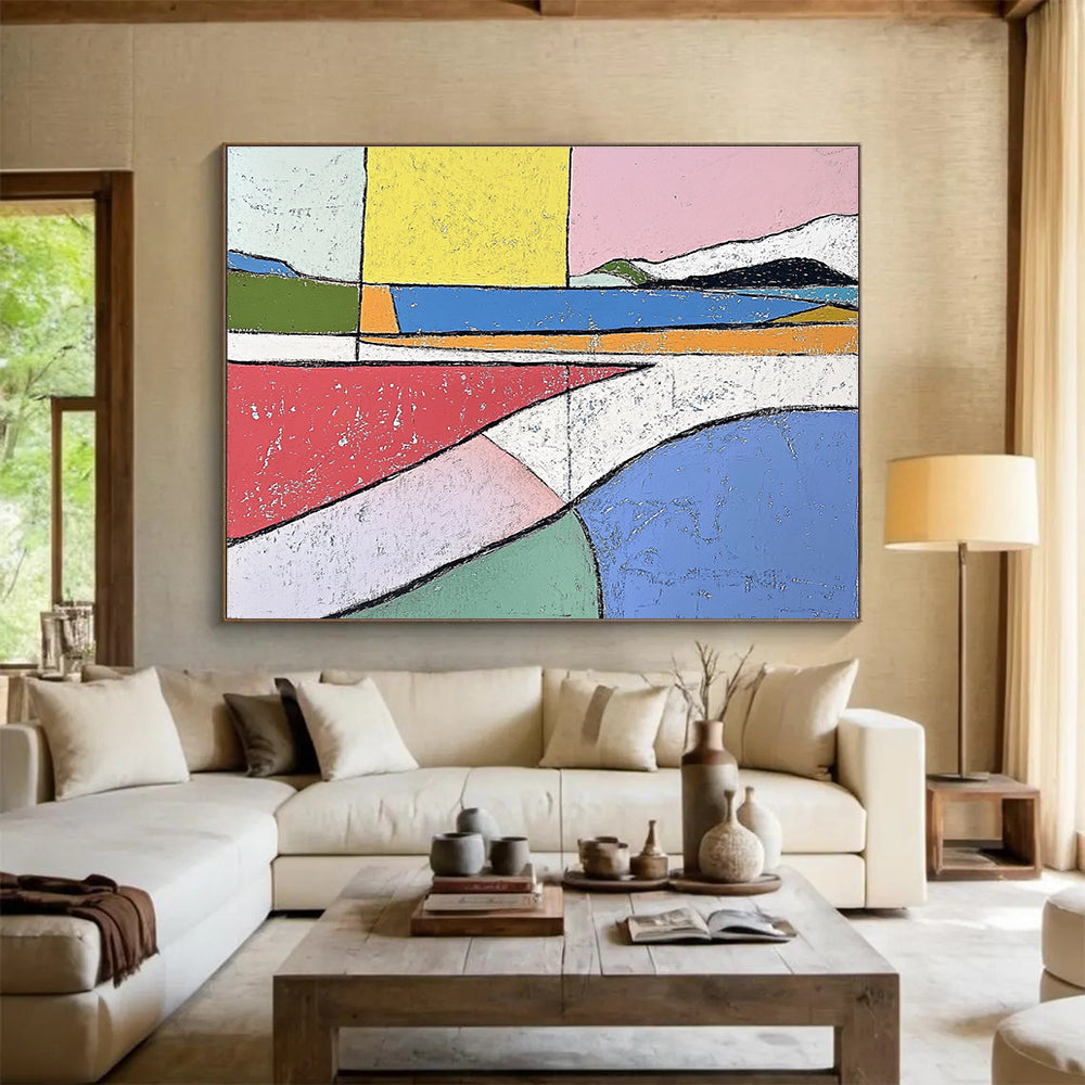 Large abstract painting in pastel colors featuring bold shapes and minimalistic design inspired by Etel Adnan and Henri Matisse.SC061