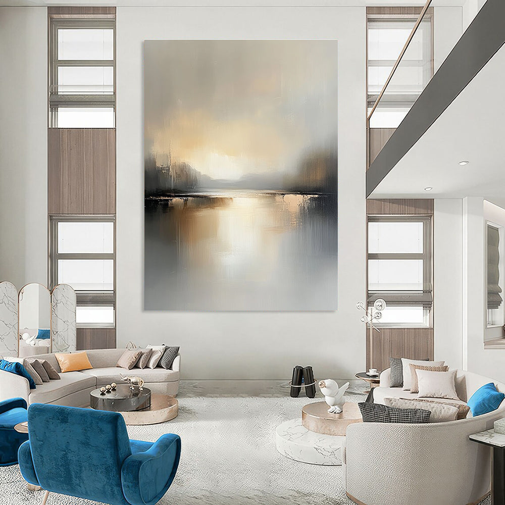 Large abstract landscape painting featuring a serene lake and soft gray beige tones capturing the tranquility of golden hour reflections.STSC084