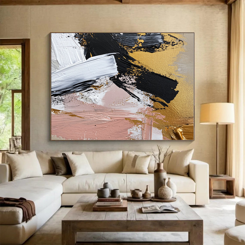 Gold Black Pink and White Abstract Painting with Bold Strokes GER056