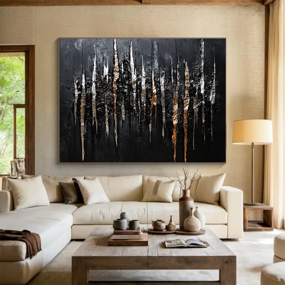 Large abstract painting featuring shiny metallic streaks of silver and bronze on a black background creating intricate organic patterns.SC019