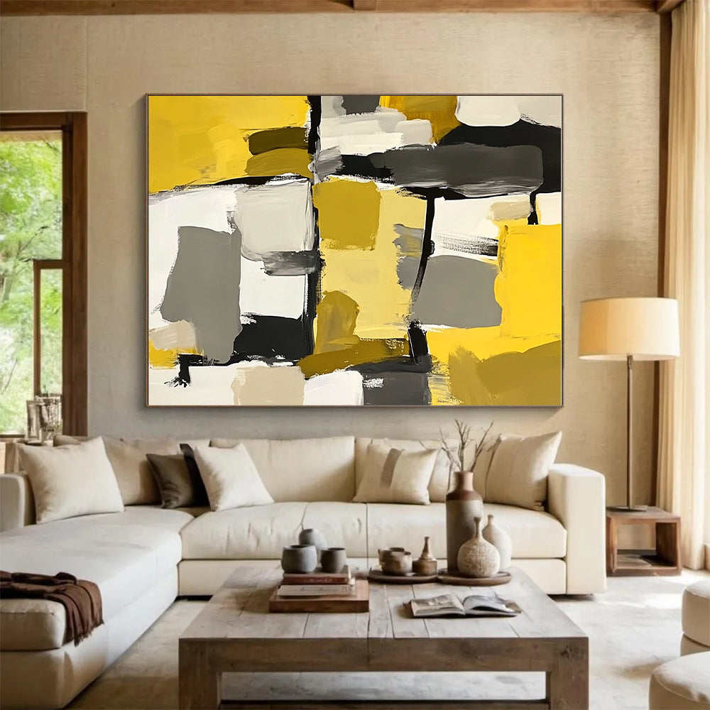Yellow Gray Black and White Abstract Painting with Geometric Shapes GER646