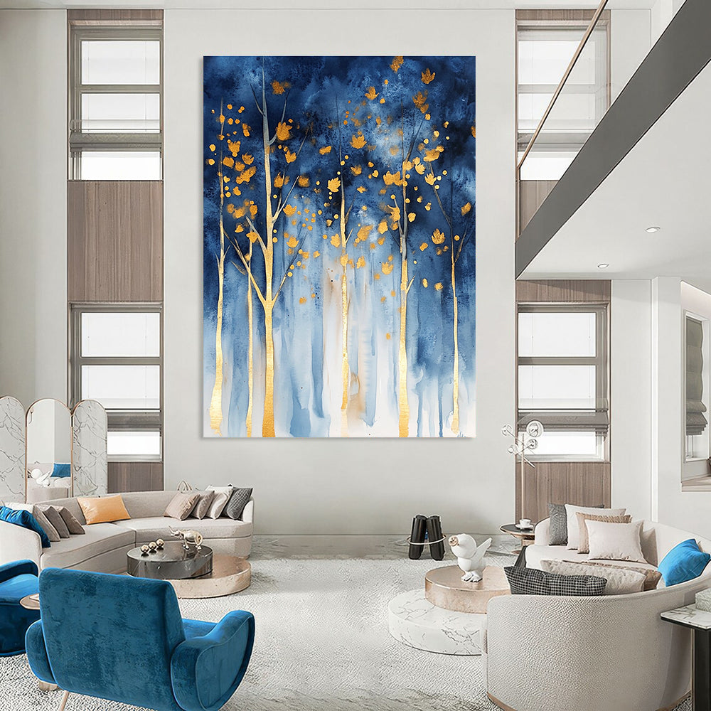 Abstract forest in watercolor with blue and gold hues and gold foil accents featuring trees with golden leaves against a dark sky.STSC059