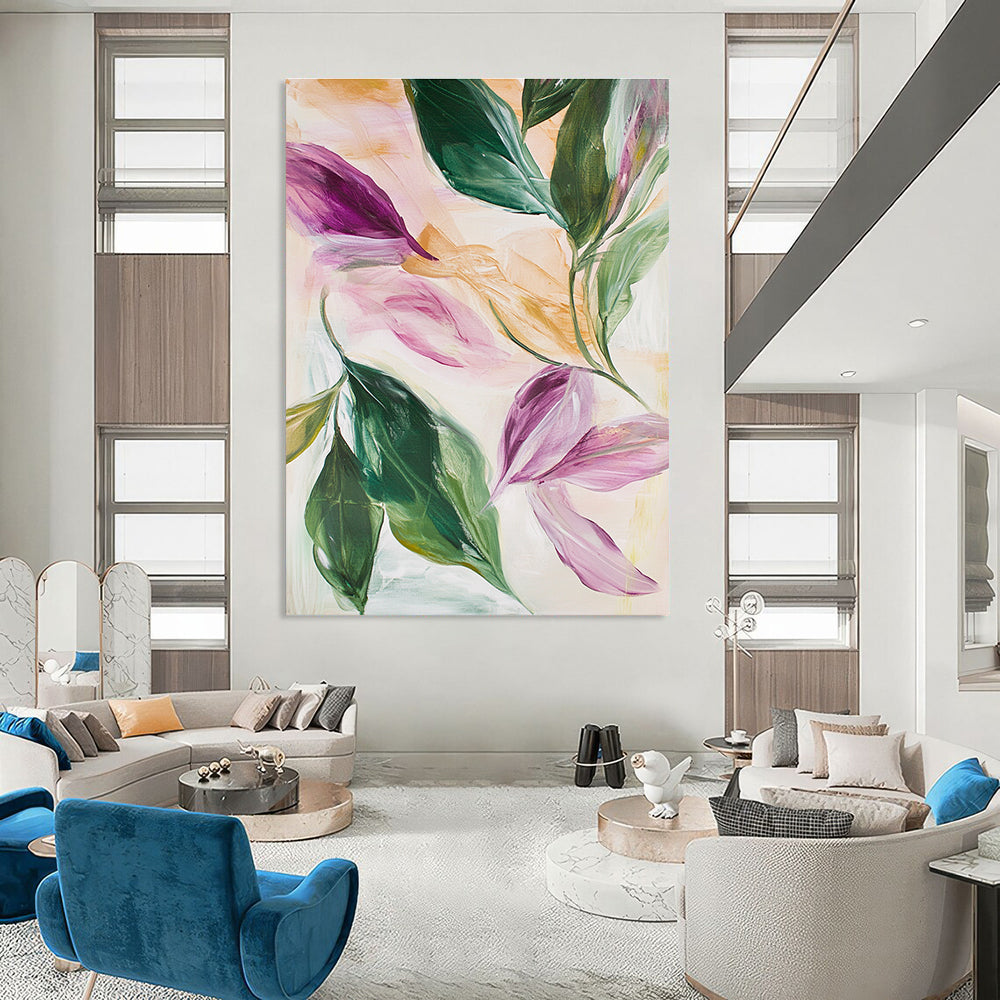Abstract oil painting featuring leaves and flowers in pink green white beige and light gold with hints of purple and peach colors.STSC595