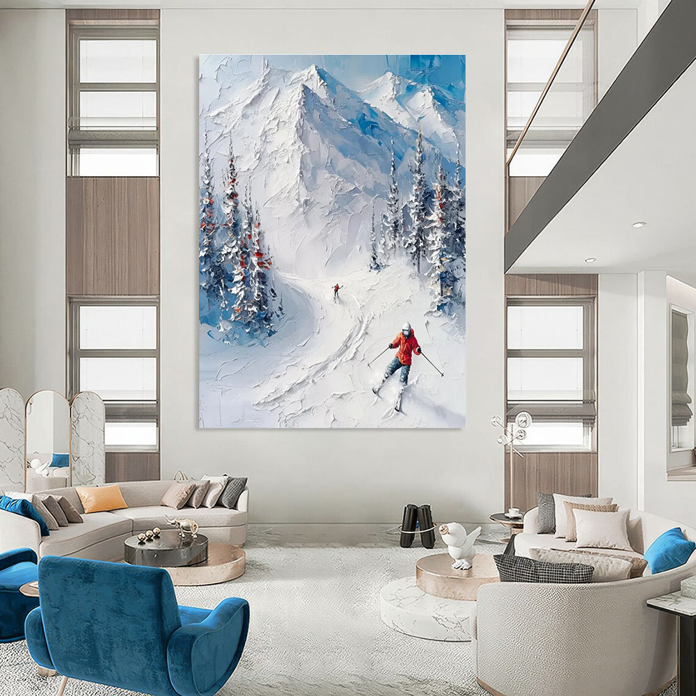 Textured Snow Mountain Ski Scene Abstract Painting with Blue and White ADGE313